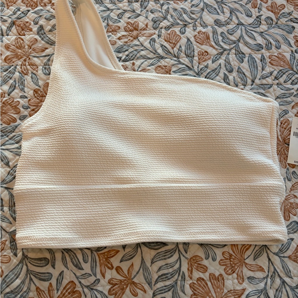 One-Shoulder Textured White Swim Top